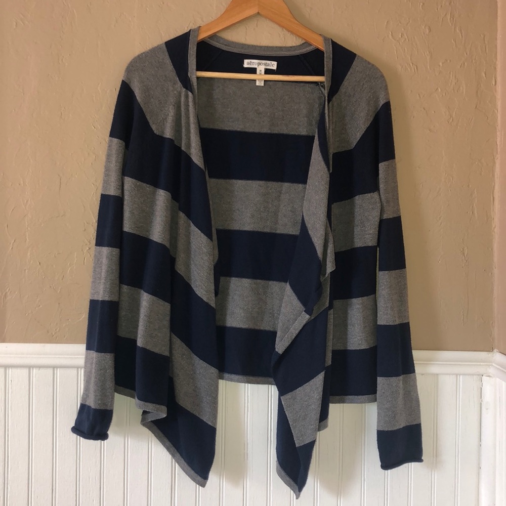 Navy and Gray Striped Wrap Sweater 💙